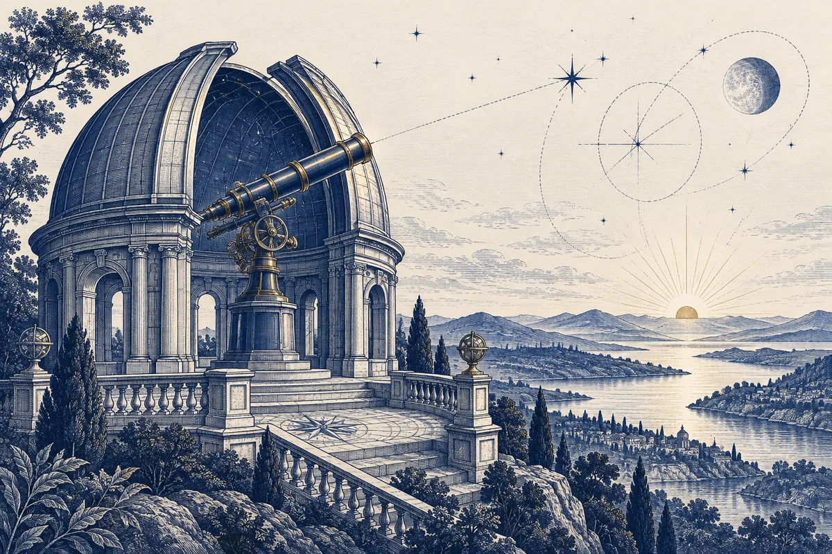 Um observatório voltado para o horizonte em gravura azul