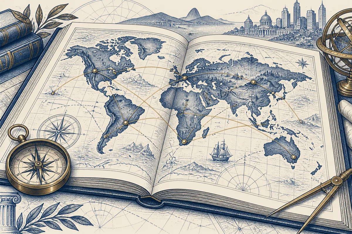 Um atlas aberto com rotas e bússola em gravura azul